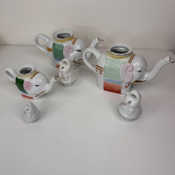 Vintage Elephant Porcelain Teapot Set Of 3 - Picture 4 of 13